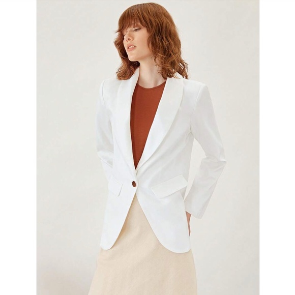 White Classic Blazer Jacket Shawl Collar Long Sleeve - Picture 7 of 8